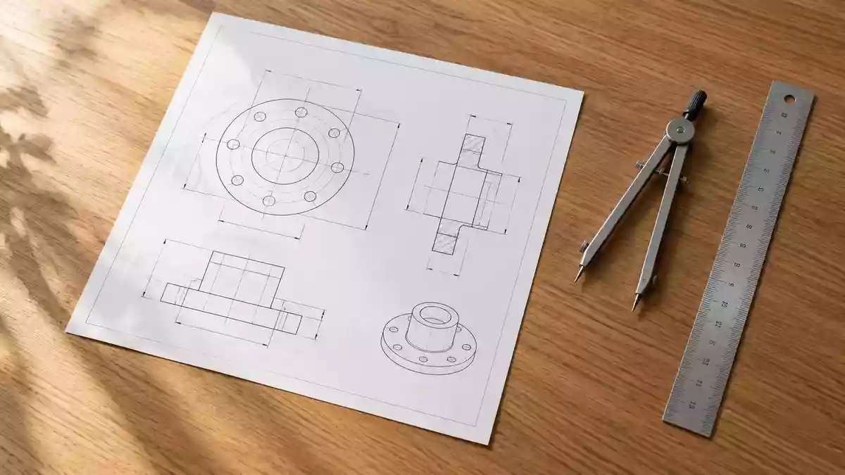 Ein minimalistischer Arbeitsplatz mit einem offiziellen Dokument, einem Zirkel und einem Lineal auf einem Holztisch. Illustration mit AI erstellt.
