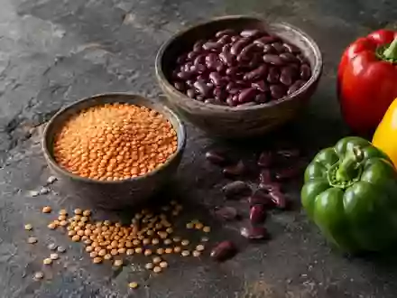 Rohkost wie Linsen, Bohnen und Paprika auf einem dunklen Steintisch bei natürlichem Licht. - Foto: über boerse-global.de