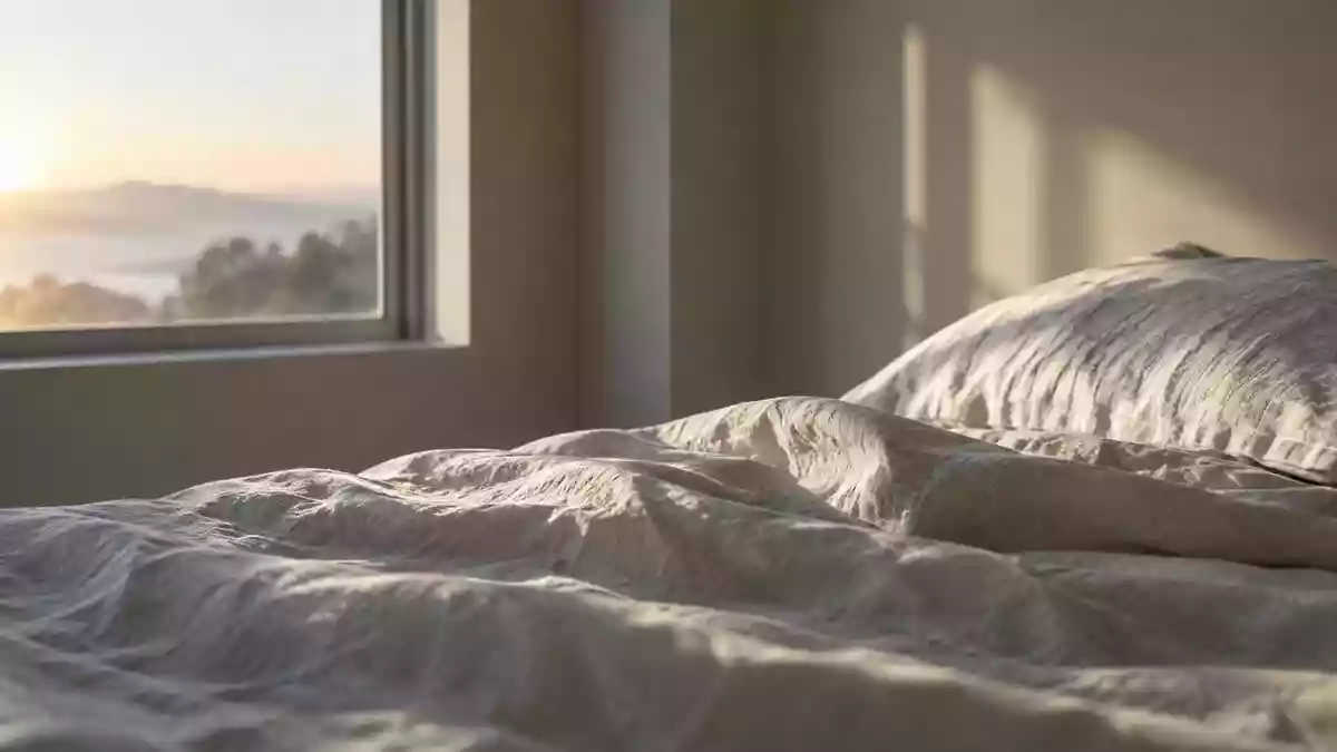 Ein minimalistisches, ruhiges Schlafzimmer bei Tagesanbruch mit Fokus auf die Textur der Bettwäsche und natürliches Licht. Illustration mit AI erstellt.