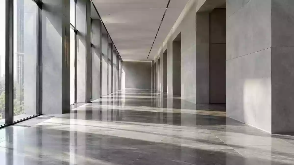 Ein minimalistischer, moderner Flur in einem Finanzinstitut mit klaren architektonischen Linien und natürlichem Licht. Illustration mit AI erstellt.