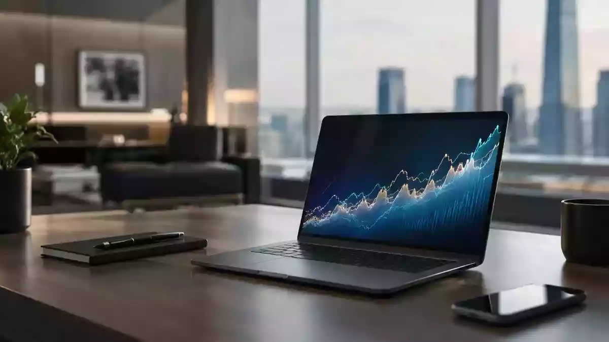 Ein moderner Schreibtisch mit einem Laptop, auf dem abstrakte Börsentrends vor einem unscharfen Bürohintergrund zu sehen sind. Illustration mit AI erstellt.