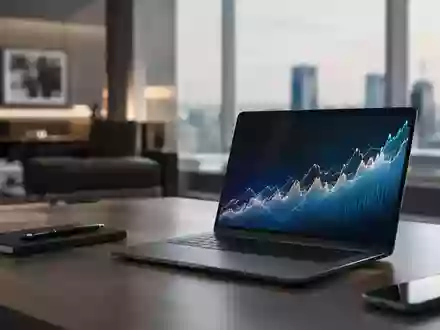 Ein moderner Schreibtisch mit einem Laptop, auf dem abstrakte Börsentrends vor einem unscharfen Bürohintergrund zu sehen sind. - Foto: über boerse-global.de