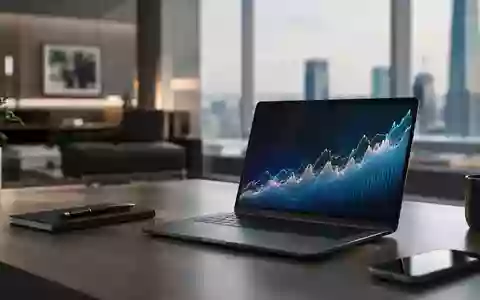 Ein moderner Schreibtisch mit einem Laptop, auf dem abstrakte Börsentrends vor einem unscharfen Bürohintergrund zu sehen sind. - Foto: über boerse-global.de
