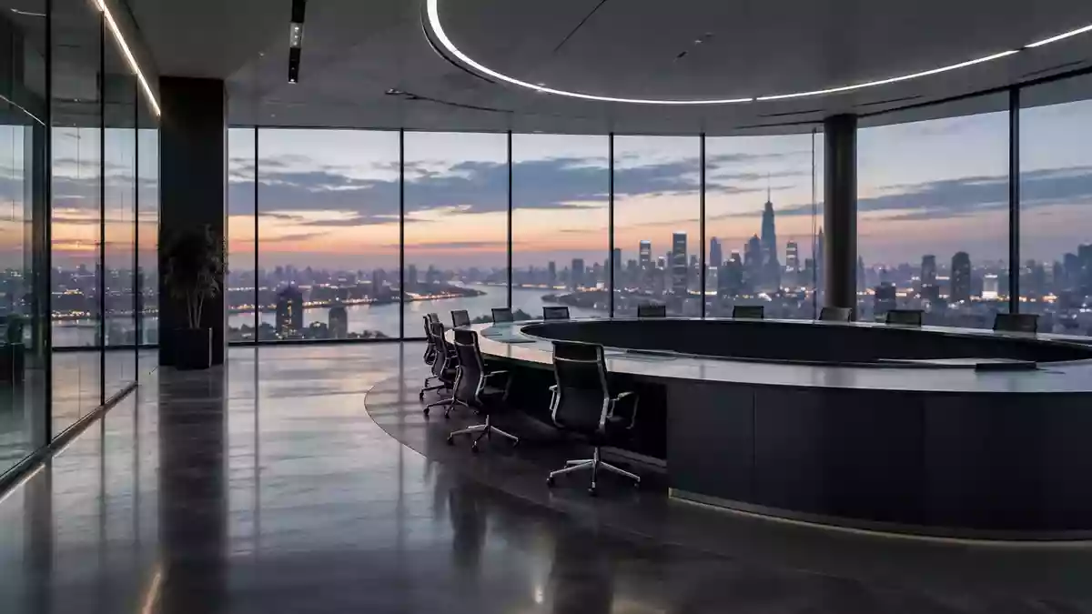 Modernes, minimalistisches Bürogebäude mit Blick auf eine globale Stadtlandschaft bei Dämmerung. Illustration mit AI erstellt.