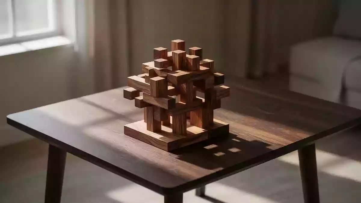 Eine hölzerne, komplexe Skulptur auf einem minimalistischen Holztisch bei natürlichem Lichteinfall. Illustration mit AI erstellt.