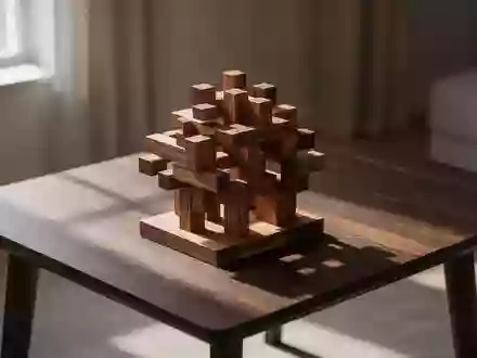 Eine hölzerne, komplexe Skulptur auf einem minimalistischen Holztisch bei natürlichem Lichteinfall. - Foto: über boerse-global.de