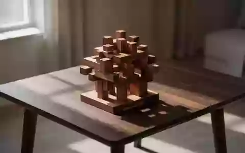 Eine hölzerne, komplexe Skulptur auf einem minimalistischen Holztisch bei natürlichem Lichteinfall. - Foto: über boerse-global.de