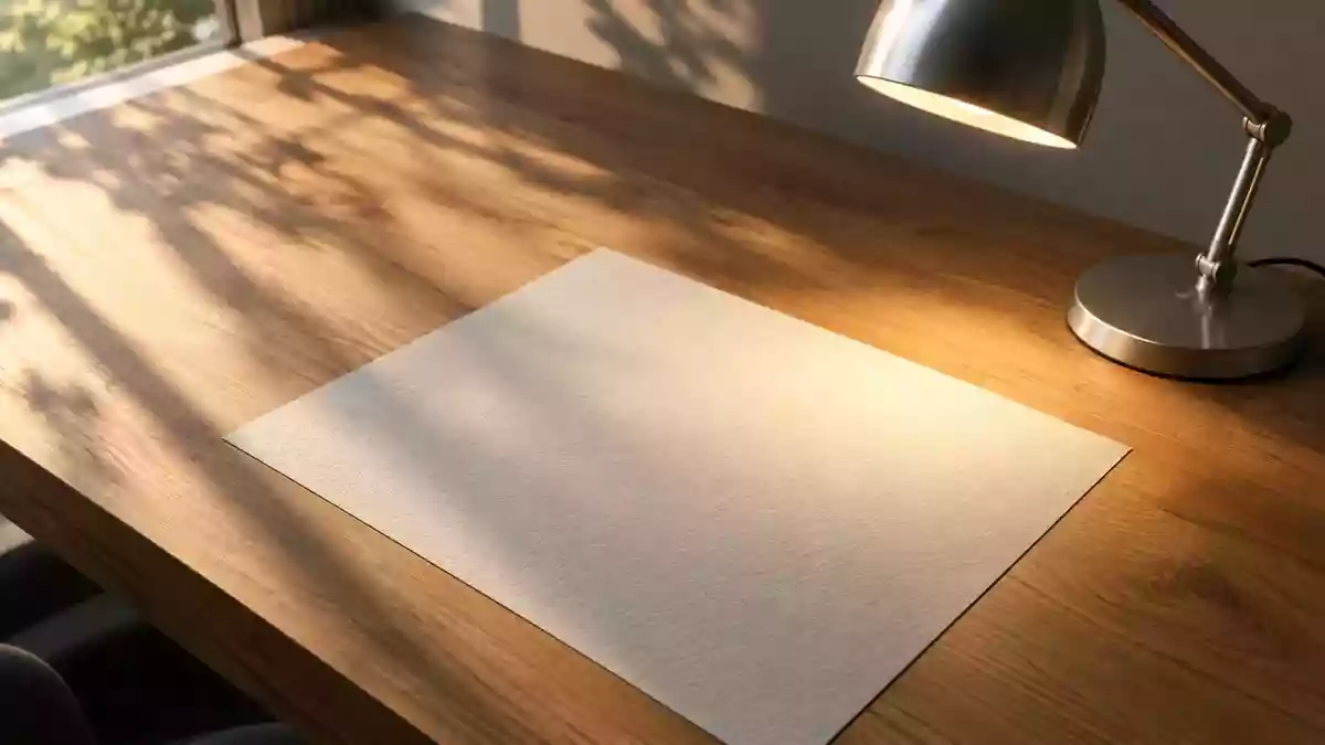 Ein minimalistischer, aufgeräumter Arbeitsplatz mit weichem Lichteinfall und Schattenwurf auf einer Holzoberfläche. Illustration mit AI erstellt.