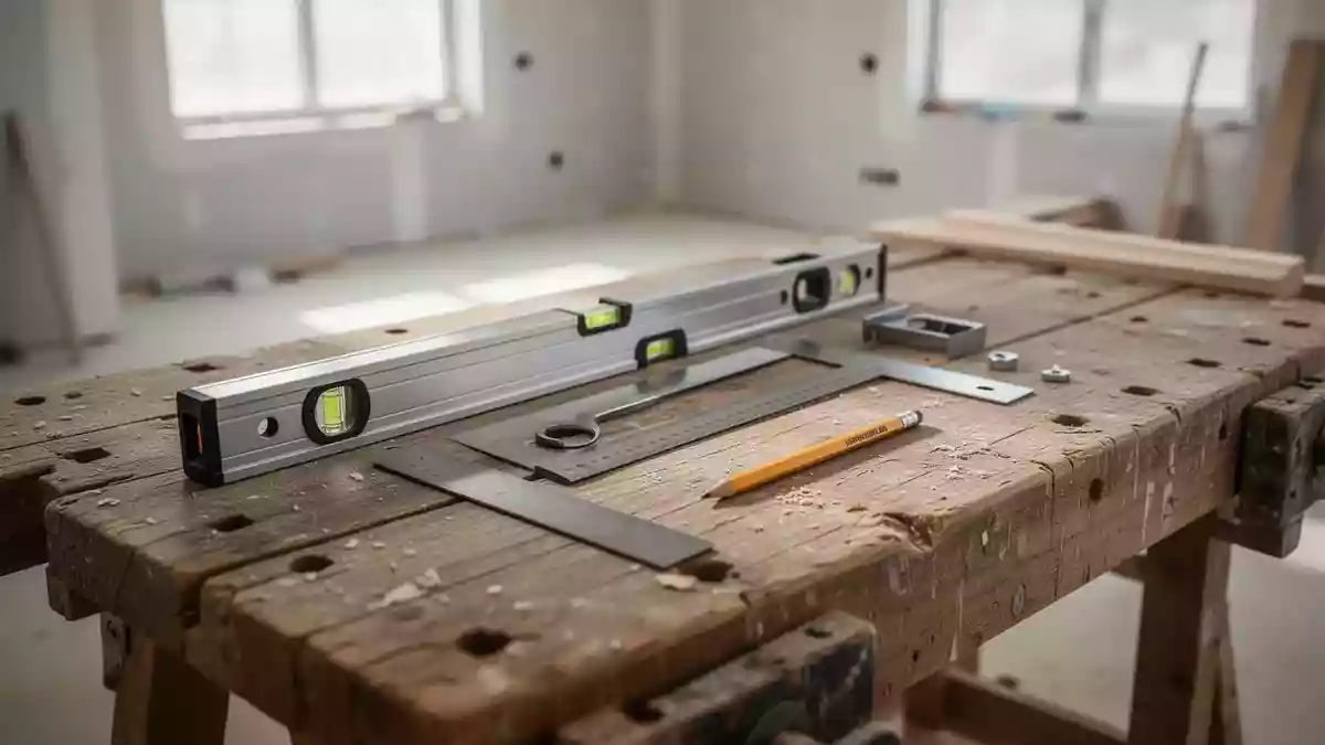 Ein ordentlich aufgeräumter Holztisch in einer Werkstatt mit professionellem Handwerkszeug. Illustration mit AI erstellt.