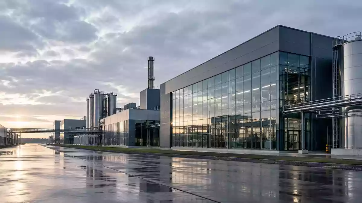 Moderne Industriefassade eines Fertigungsgebäudes im Morgenlicht, die wirtschaftliche Stabilität symbolisiert. Illustration mit AI erstellt.