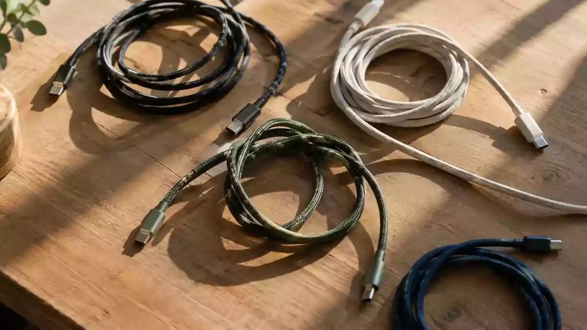 Verschiedene Ladekabel ordentlich auf einer hölzernen Werkbank arrangiert bei natürlichem Lichteinfall. Illustration mit AI erstellt.