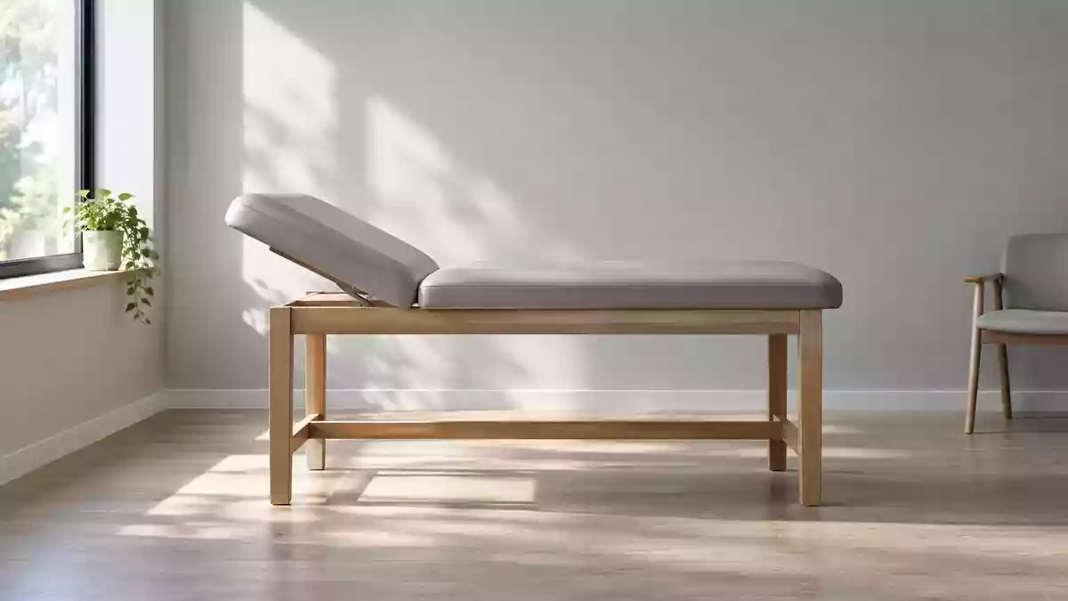 Ein minimalistischer, ruhiger Behandlungsraum mit einer leeren Untersuchungsliege in sanftem Tageslicht. Illustration mit AI erstellt.