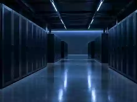 Dunkler, minimalistischer Serverraum mit glänzendem Betonboden und kühler, blauer Beleuchtung. - Foto: über boerse-global.de