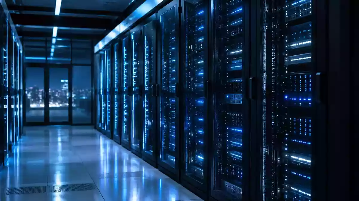 Modernes Rechenzentrum bei Nacht mit blau beleuchteten Server-Racks in einer minimalistischen, technologischen Umgebung. Illustration mit AI erstellt.