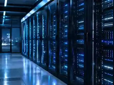 Modernes Rechenzentrum bei Nacht mit blau beleuchteten Server-Racks in einer minimalistischen, technologischen Umgebung. - Foto: über boerse-global.de