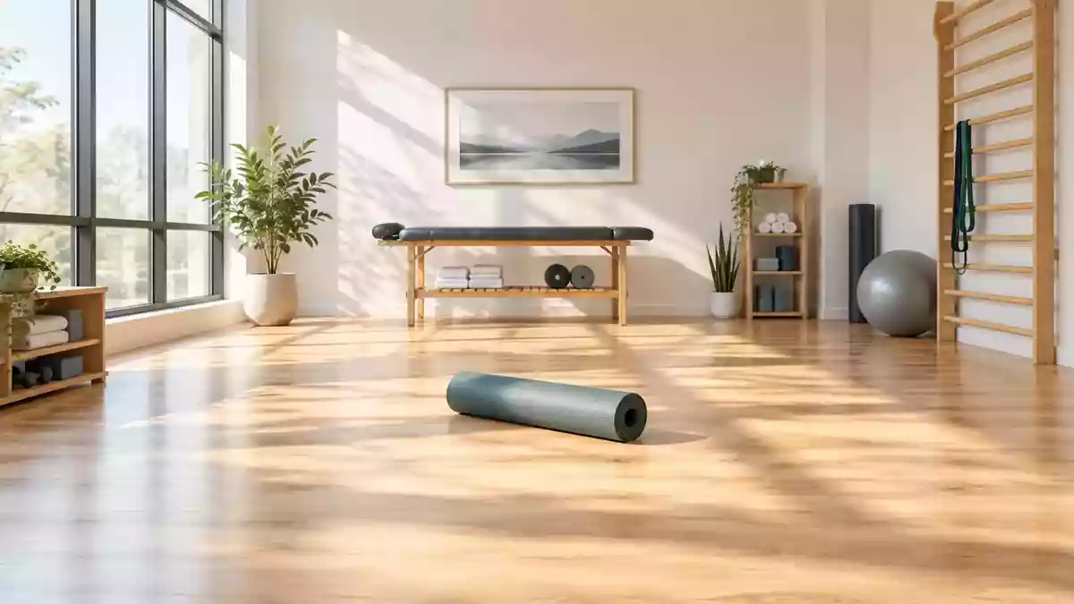Ein heller, minimalistischer Übungsraum mit einer ausgerollten Yogamatte in einer ruhigen Umgebung. Illustration mit AI erstellt.