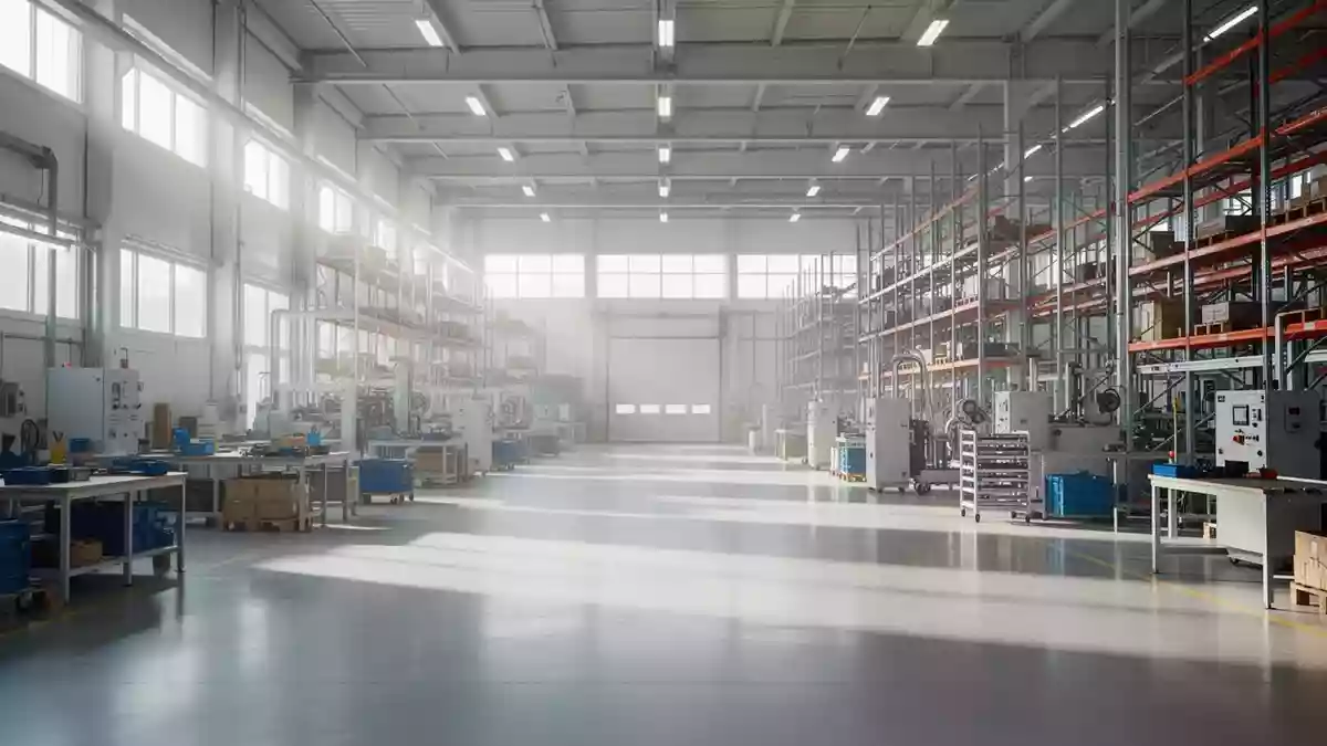 Helle und aufgeräumte Industriehalle mit modernen Arbeitsplätzen und natürlichem Lichteinfall. Illustration mit AI erstellt.