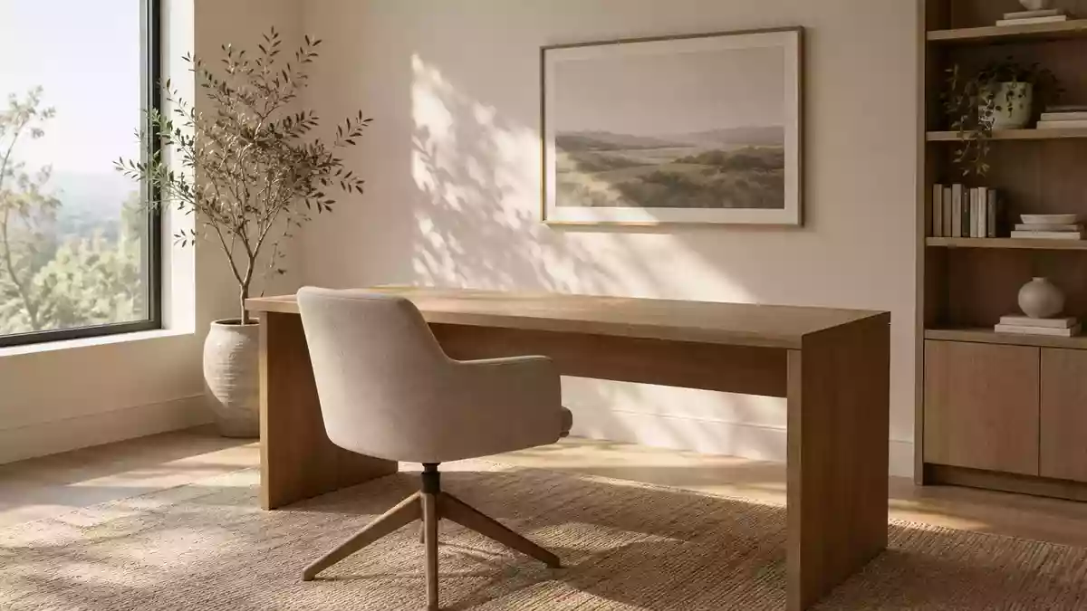 Ein minimalistisches, modernes Heimbüro mit einem leeren Holztisch und natürlichem Tageslicht. Illustration mit AI erstellt.