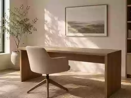 Ein minimalistisches, modernes Heimbüro mit einem leeren Holztisch und natürlichem Tageslicht. - Foto: über boerse-global.de
