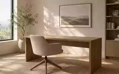 Ein minimalistisches, modernes Heimbüro mit einem leeren Holztisch und natürlichem Tageslicht. - Foto: über boerse-global.de