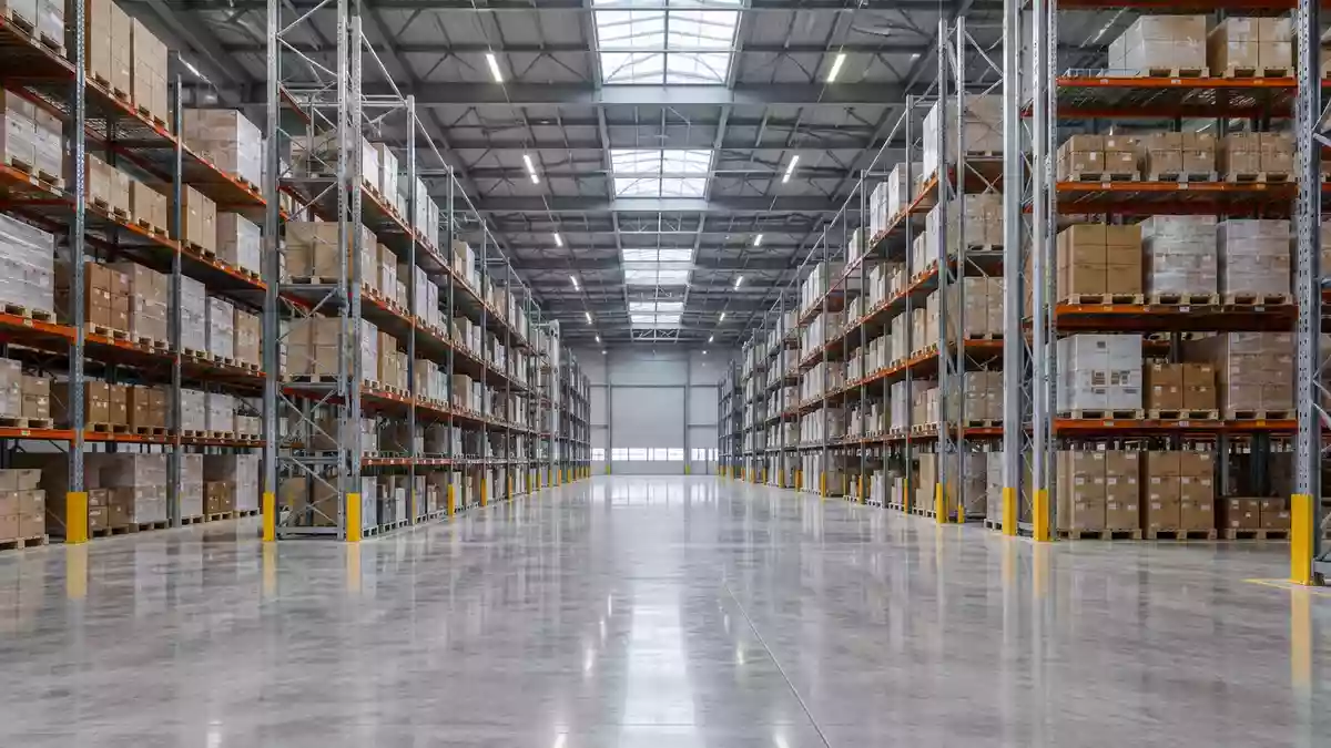 Weitläufiges, modernes Logistiklager mit hohen Regalen und einem sauberen Betonboden in einer neutralen Industriehalle. Illustration mit AI erstellt.