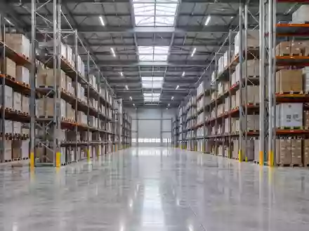 Weitläufiges, modernes Logistiklager mit hohen Regalen und einem sauberen Betonboden in einer neutralen Industriehalle. - Foto: über boerse-global.de