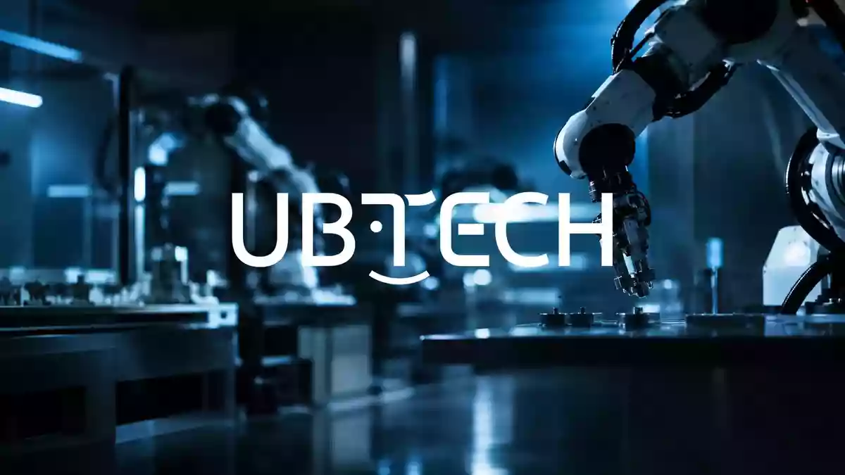 Abstrakte Darstellung einer modernen Robotik-Produktionsstätte in kühlem, professionellem Licht. Illustration mit AI erstellt.