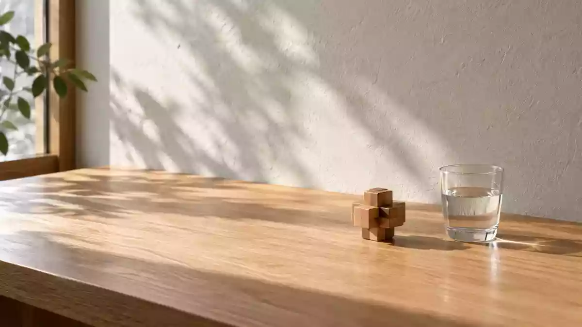 Ein minimalistischer, sonnendurchfluteter Schreibtisch mit einem einzelnen geometrischen Holzpuzzle und einem Glas Wasser. Illustration mit AI erstellt.