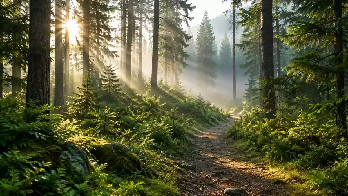 Ein sonnendurchfluteter Waldweg inmitten eines dichten, grünen Waldes bei morgendlichem Licht. Illustration mit AI erstellt.