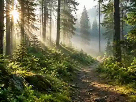 Ein sonnendurchfluteter Waldweg inmitten eines dichten, grünen Waldes bei morgendlichem Licht. - Foto: über boerse-global.de