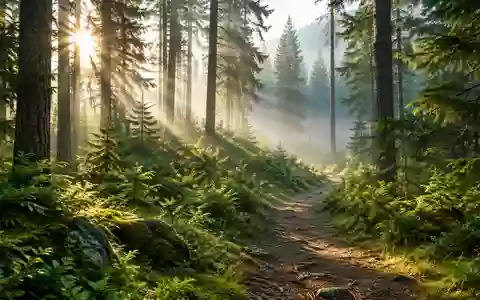 Ein sonnendurchfluteter Waldweg inmitten eines dichten, grünen Waldes bei morgendlichem Licht. - Foto: über boerse-global.de