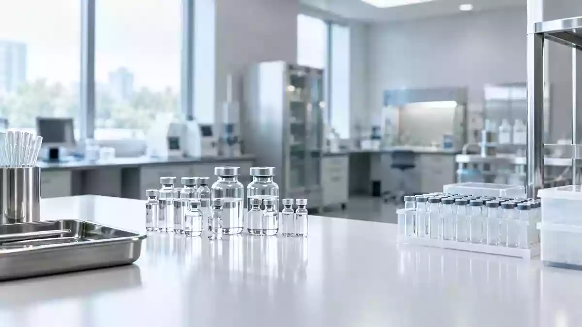 Moderne, minimalistische Laborumgebung mit medizinischen Glasgefäßen auf einer sauberen Arbeitsfläche. Illustration mit AI erstellt.