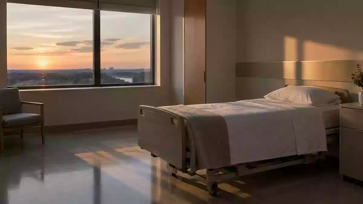 Ein ruhiges, minimalistisches Krankenzimmer in natürlichem Licht zur Abenddämmerung. Illustration mit AI erstellt.