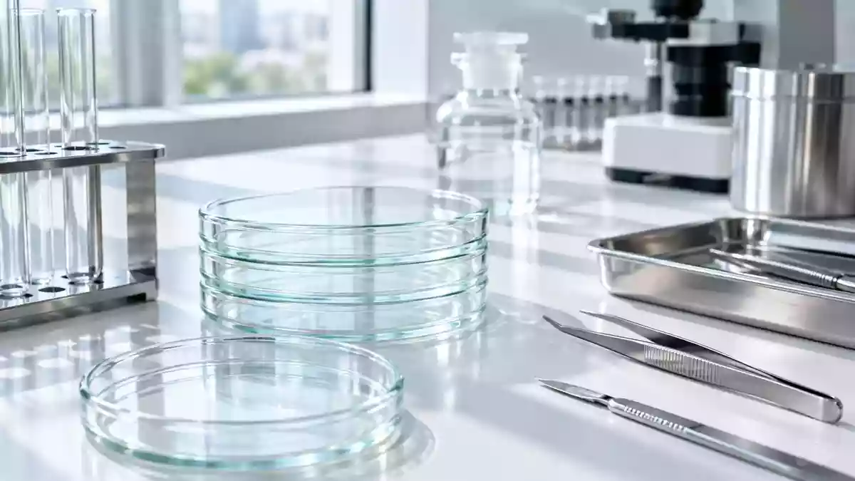 Ein steriles, modernes Labor mit Glas-Petrischalen und medizinischen Instrumenten auf einer hellen Oberfläche. Illustration mit AI erstellt.