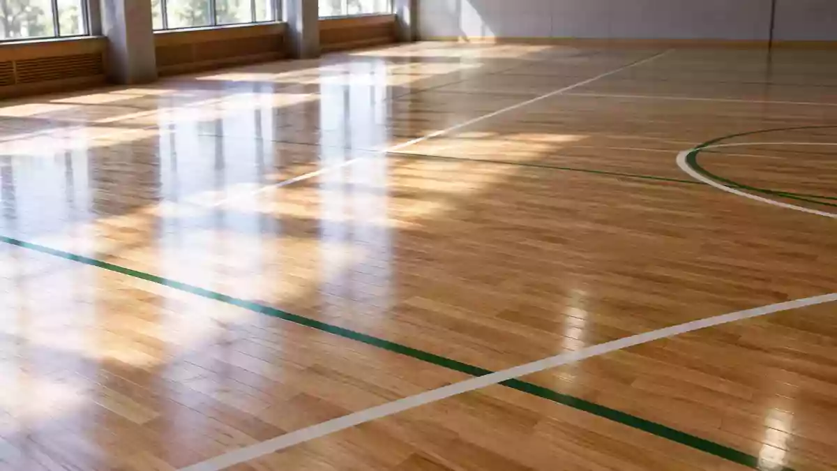 Eine leere, helle Sporthalle mit glänzendem Holzboden und markierten Linien für Rückschlagsportarten. Illustration mit AI erstellt.