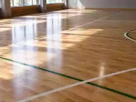 Eine leere, helle Sporthalle mit glänzendem Holzboden und markierten Linien für Rückschlagsportarten. - Foto: über boerse-global.de