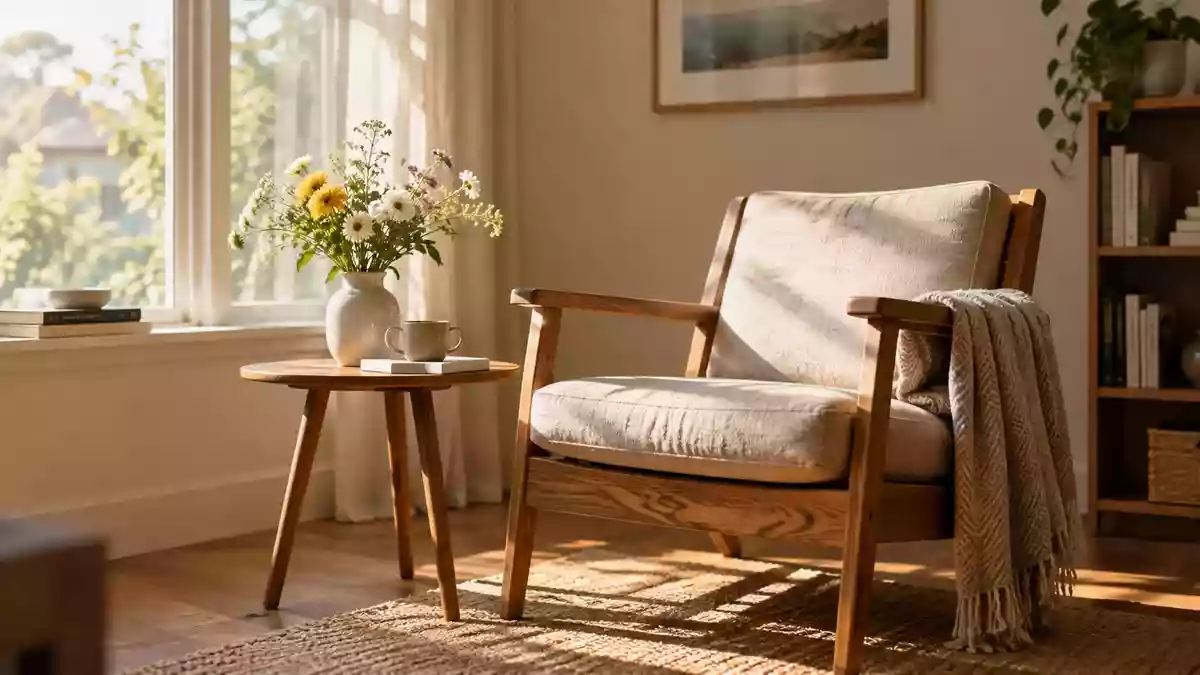 Ein helles, freundliches Wohnzimmer mit einem bequemen Sessel und einer Vase mit Blumen im sanften Tageslicht. Illustration mit AI erstellt.