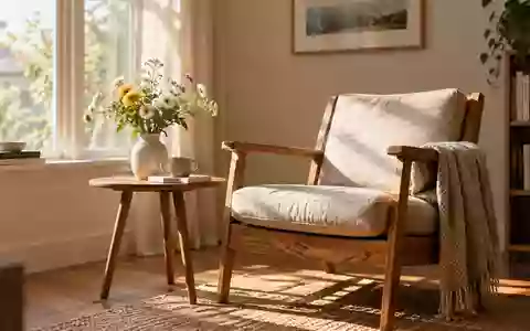 Ein helles, freundliches Wohnzimmer mit einem bequemen Sessel und einer Vase mit Blumen im sanften Tageslicht. - Foto: über boerse-global.de