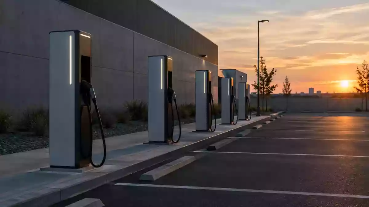 Eine Reihe moderner Schnellladestationen für Elektroautos auf einem leeren Parkplatz in der Abenddämmerung. Illustration mit AI erstellt.