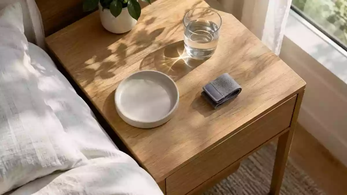 Ein minimalistischer Nachttisch aus Eichenholz mit einem leeren Keramiktablett und einem grauen Stoffarmband im Morgenlicht. Illustration mit AI erstellt.