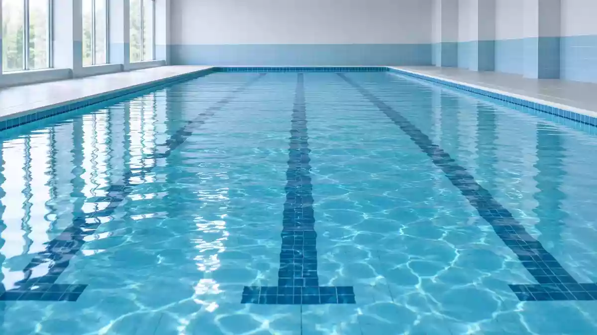 Ein ruhiges, leeres Schwimmbecken mit klarem Wasser und hellen Fliesen, das eine entspannte Atmosphäre vermittelt. Illustration mit AI erstellt.