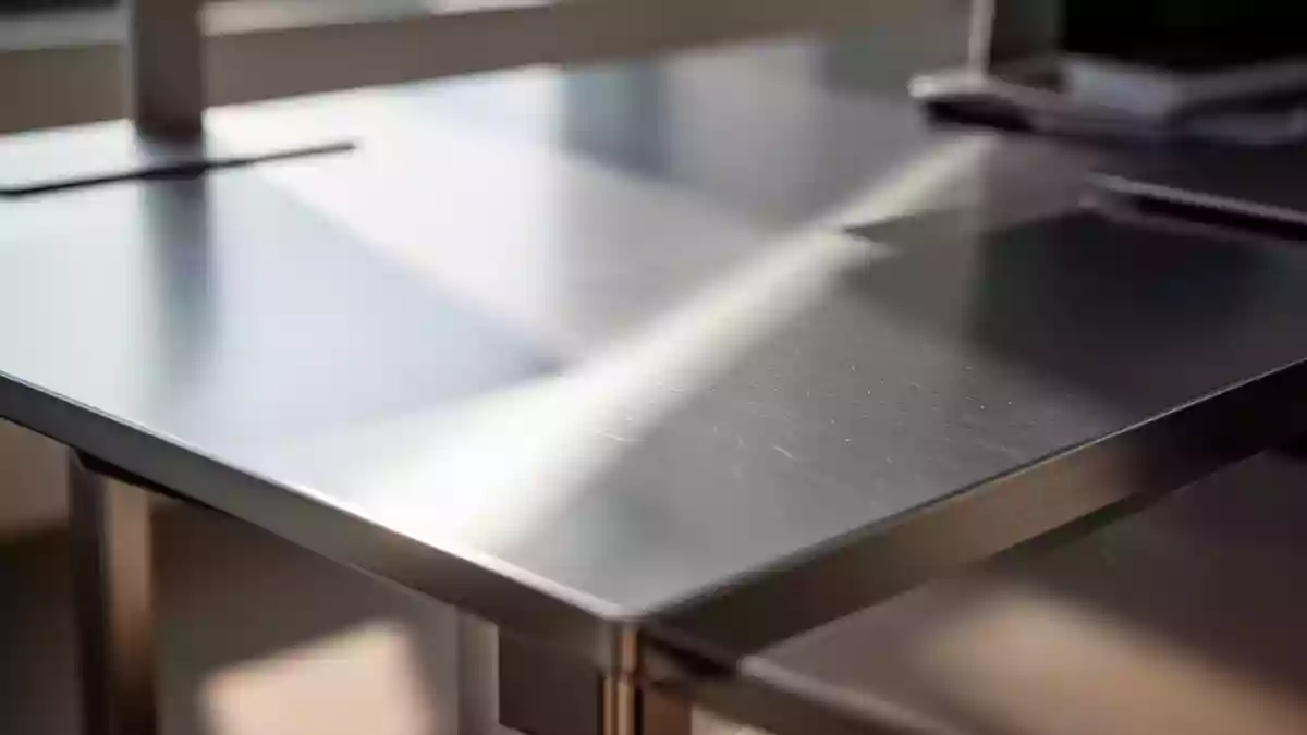 Nahaufnahme einer minimalistischen, aufgeräumten Schreibtischoberfläche aus gebürstetem Metall bei natürlichem Licht. Illustration mit AI erstellt.