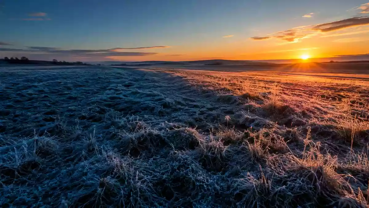 Eine frostbedeckte Landschaft bei Sonnenaufgang mit einem starken Kontrast zwischen kalten Schatten und warmem Licht. Illustration mit AI erstellt.
