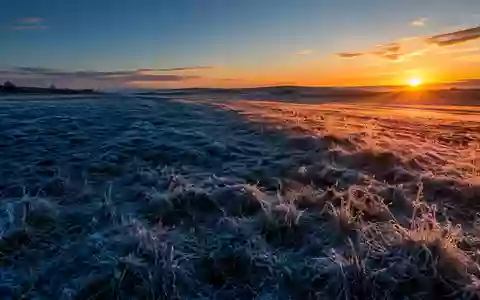Eine frostbedeckte Landschaft bei Sonnenaufgang mit einem starken Kontrast zwischen kalten Schatten und warmem Licht. - Foto: über boerse-global.de