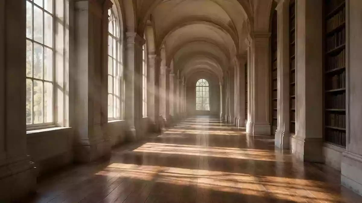 Ein lichtdurchfluteter Flur in einer klassischen Bibliothek mit hohen Bogenarchitekturen und natürlichem Lichteinfall. Illustration mit AI erstellt.