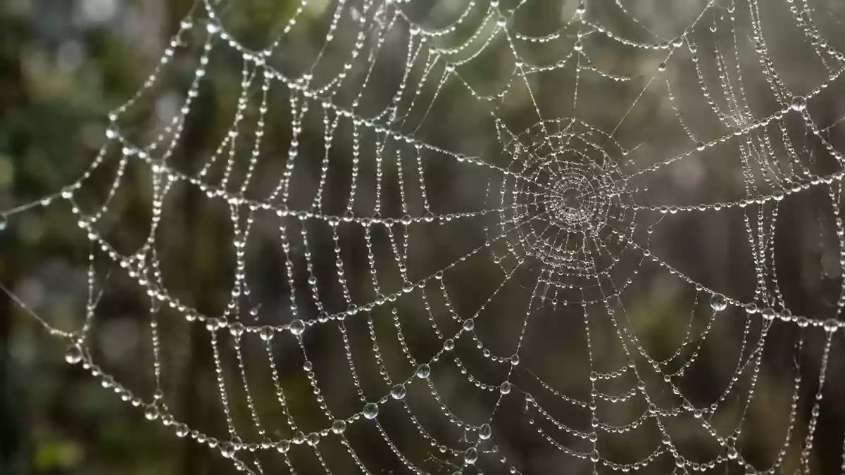 Nahaufnahme eines Tauspinnennetzes bei Morgenlicht, das die feine, netzartige Struktur der Spinnfäden hervorhebt. Illustration mit AI erstellt.