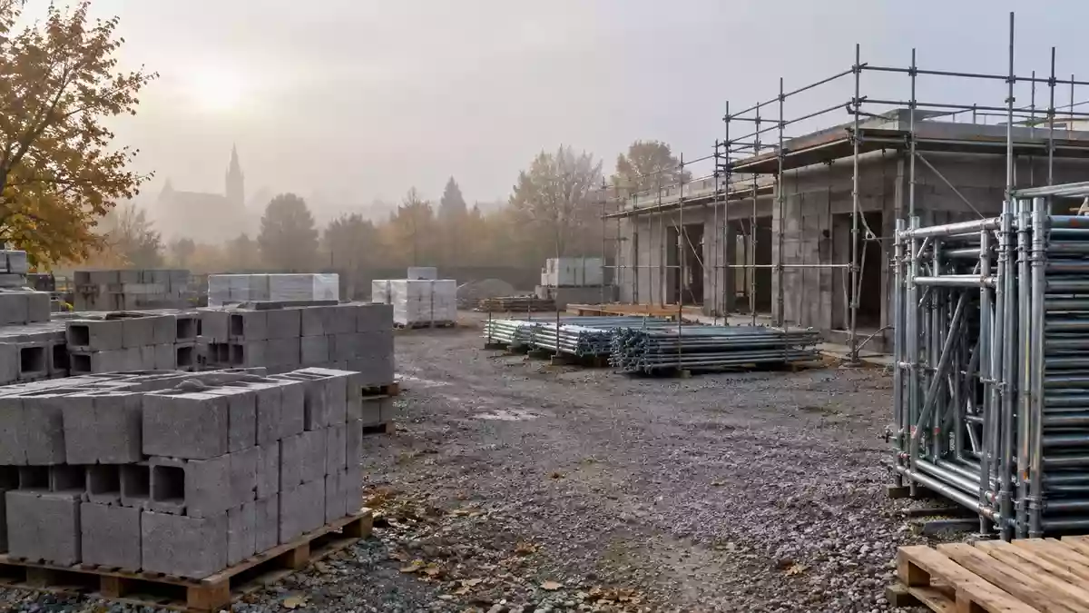 Eine Baustelle mit Baumaterialien und Gerüstteilen in einer nebligen Landschaft in Nordfrankreich. Illustration mit AI erstellt.