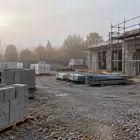 Eine Baustelle mit Baumaterialien und Gerüstteilen in einer nebligen Landschaft in Nordfrankreich. - Foto: über boerse-global.de