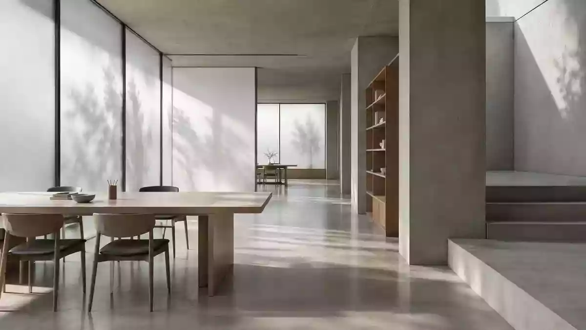 Ein minimalistischer, moderner Innenraum mit klaren geometrischen Linien und diffusem Tageslicht, das durch Milchglas fällt. Illustration mit AI erstellt.
