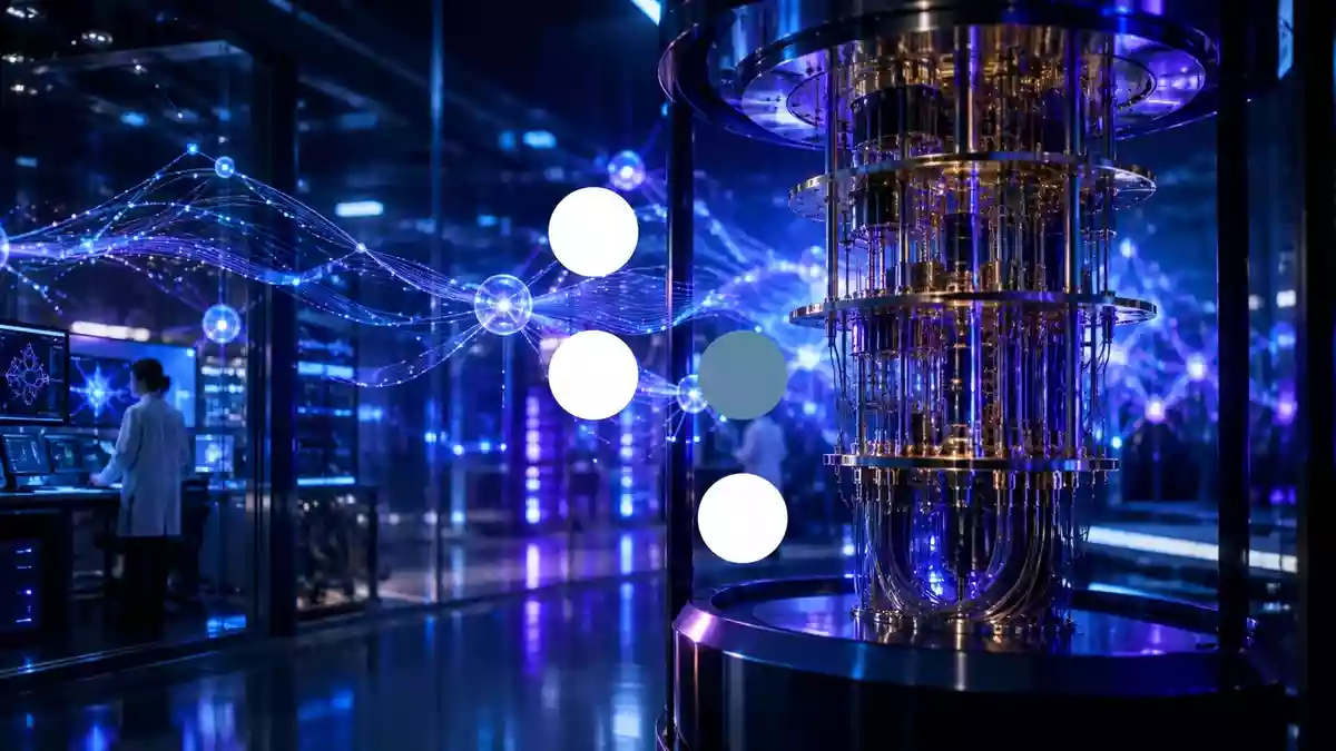 Abstrakte Darstellung eines Quantencomputers mit leuchtenden Lichtknoten in einer technologischen Umgebung. Illustration mit AI erstellt.